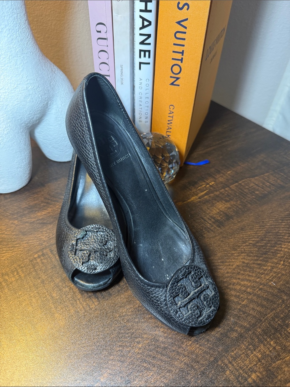 Tory Burch Black Peep-Toe Leather Wedges